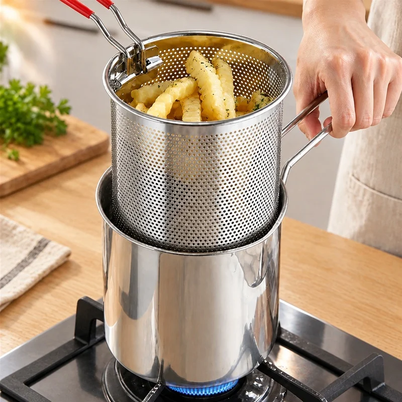 Home Kitchen Deep Fryer with Basket and Oil Filter, Stainless Steel Compact Design for Crispy Fries and Wings