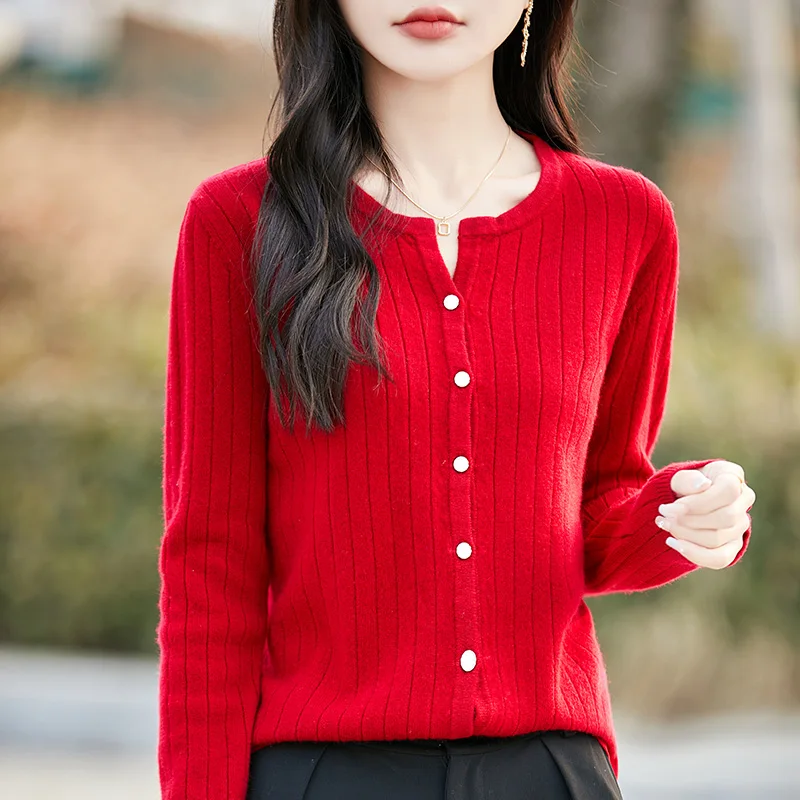 Moda donna tinta unita O-Collo maniche lunghe bottone 100% lana merino cardigan maglione di cashmere abbigliamento morbido comfort caldo top