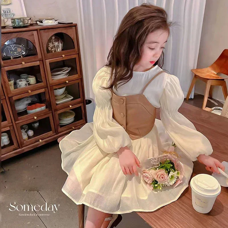 New Spring Autumn Baby Suits Girl Vest + Long Sleeve Dresses 2piece Kids Cute Princess Dress Children Chiffon Vestido 2 To10T