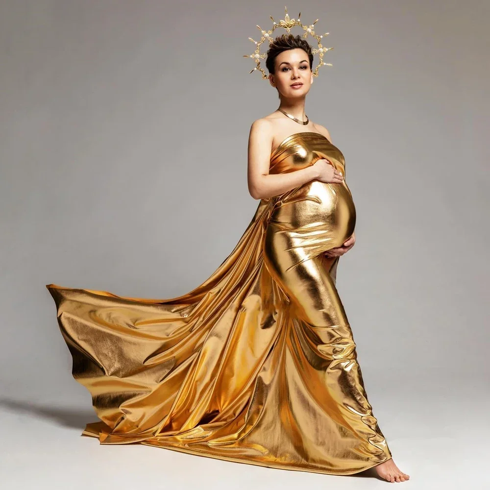 Golden Maternity Photography Props Wrap Cloth Dress Background For Taking Photos Of Pregnant Women Silver Shiny Stretch Fabric