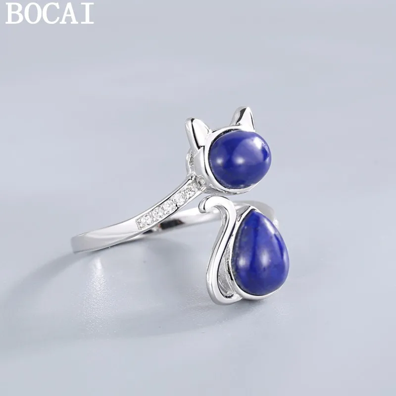 

BOCAI NEW S925 Pure Silver Retro Fashion Lapis Lazuli Inlaid With Diamonds Small And Cute Cat Ring