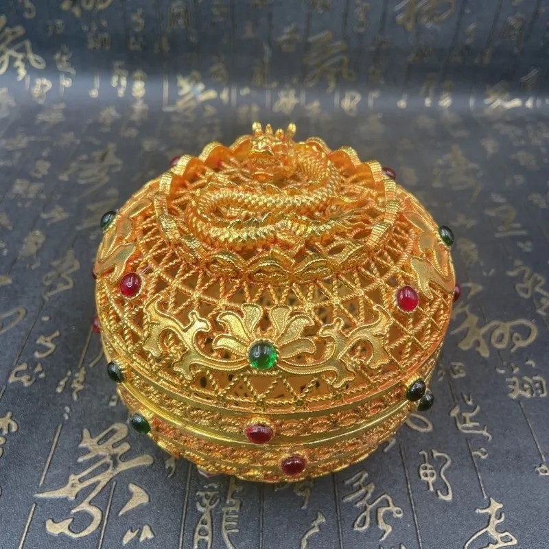 Golden Hollow Dragon Incense Burner Box Inlaid Colored Gem Censer Chinese Vintage Filigree Dragon Jewelry Storage Box Home Decor