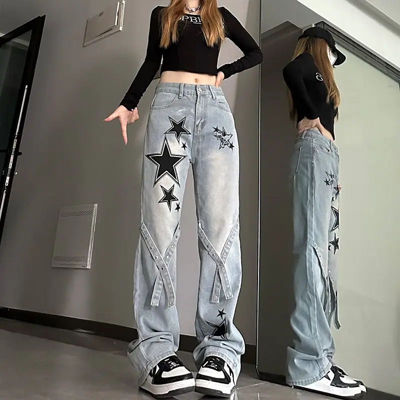 Denim Pants for Women High Waist Shot Star Bell Bottom Trousers Hippie Black Womens Jeans Cool Aesthetic Retro Fashion Casual Z