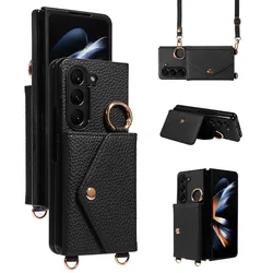 Crossbody Card Pocket Wallet Phone Case For Samsung Galaxy Z Fold 5 4 3 Fold5 Fold4 Fold3 5G Lanyard Faux PU Leather with Ring