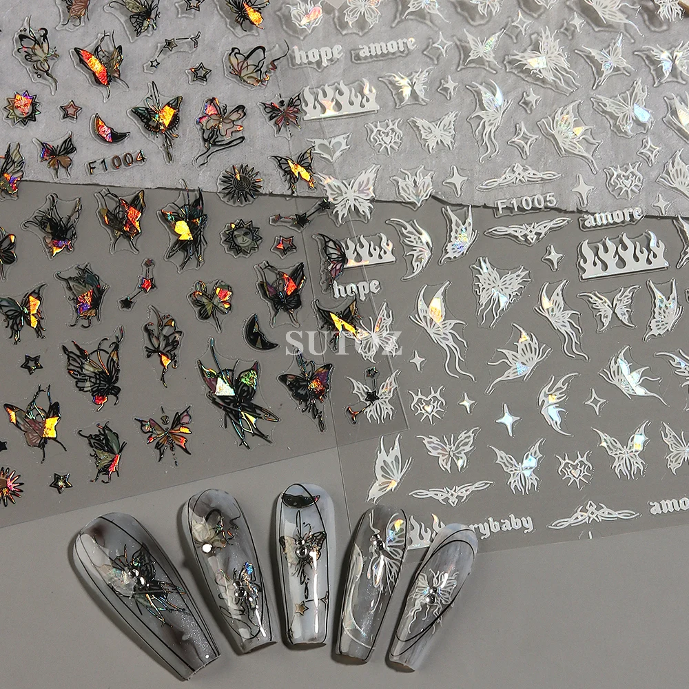 3D Holographic Butterfly Nail Adesivos, Manicure Decor, Folhas, Lua, Sol, Estrelas, Laser, decalques, Y2K, Preto, Branco, NLF1004