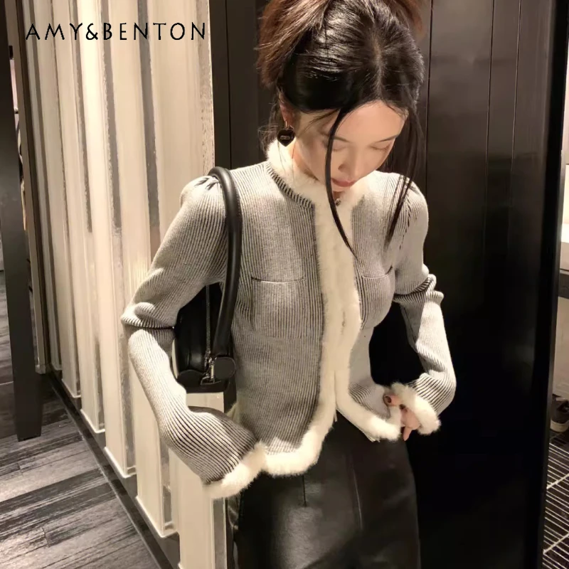 

French Design High-End Gray Women's Sweater Coat Spring and Autumn New Style Furry Short Slimming Versatile Cardigan Top Ladies