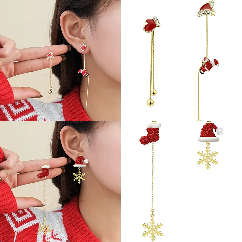 

Crawling Santa tassel long asymmetrical snowflake stud earrings new temperament light luxury high sense