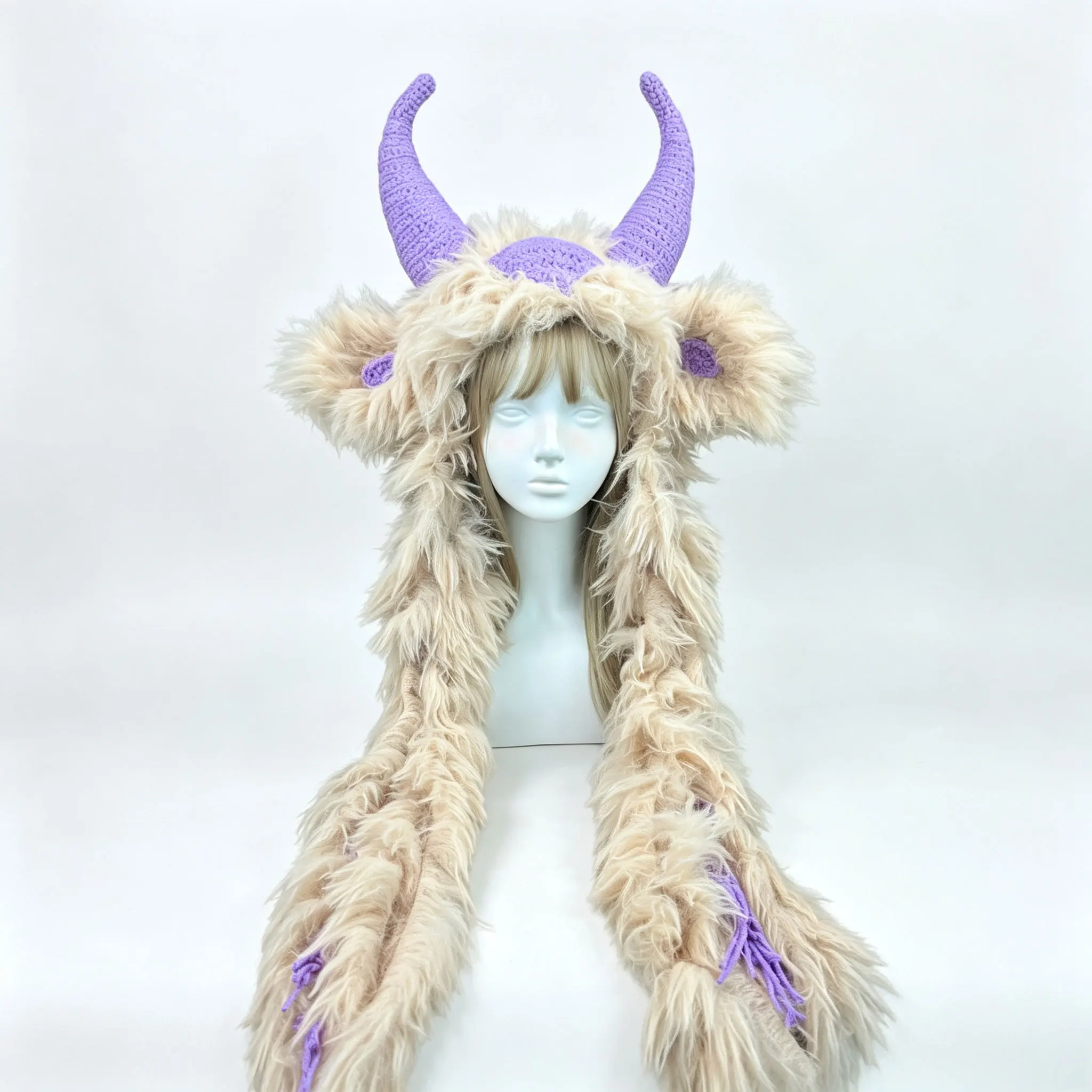 Handmade Crochet Beige Viking Monster Bull Horn Hood Cap Men Custom Crochet Plush Tassel Knit Hat Women Halloween Cosplay Beanie