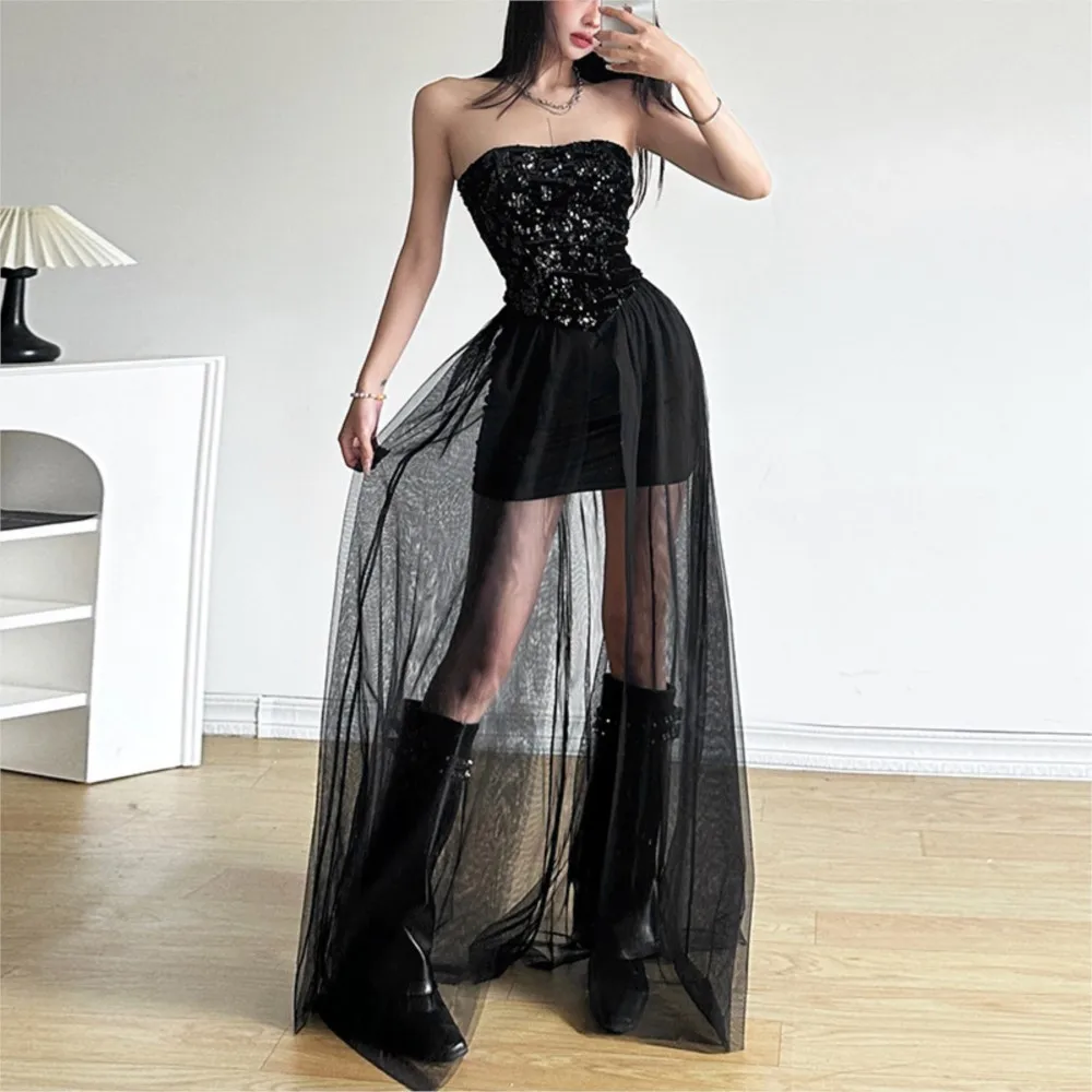 

Tube Top Sequin Summer New Women's Fashion Mesh Stitching High Waist Sexy Sleeveless Solid Color Long Dress Платье Женское