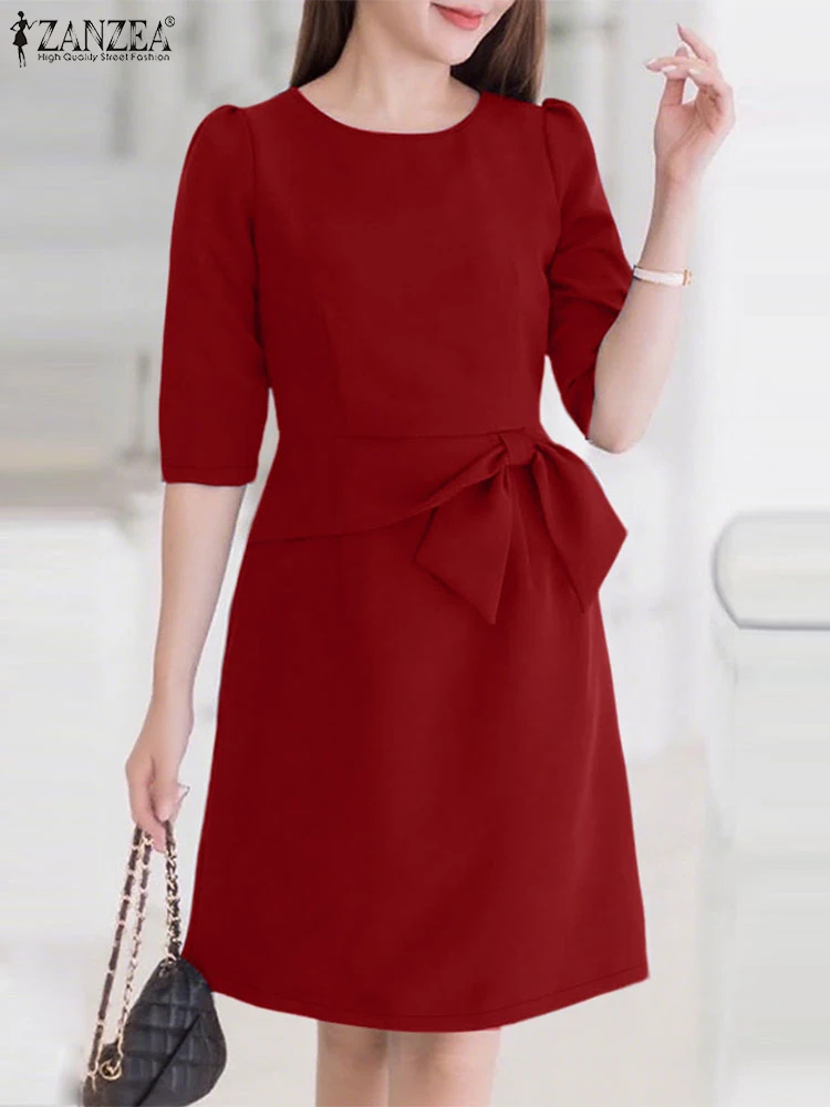 

2025 ZANZEA Office Lady Sundress Lace-Up Women Knee-Length Dress Solid Color Casual Loose Robe Half Sleeve Bow Party Vestidos
