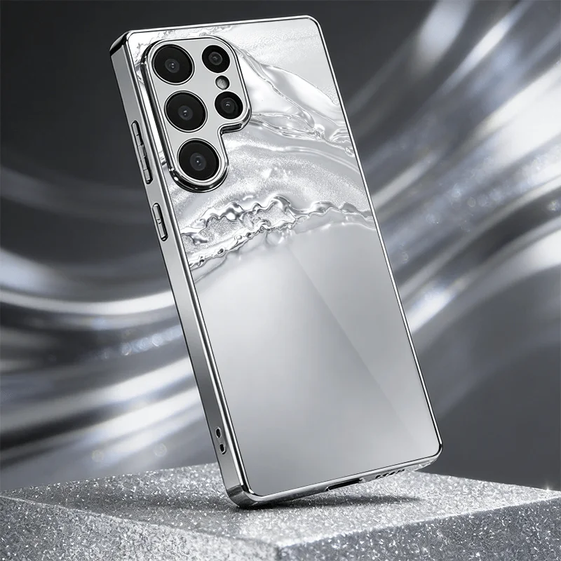 New flowing pattern silver electroplated glass phone case, suitable for Samsung S26/S25/S24/S23/S22/S21/S20 and other models.