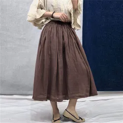 Johnature 2023 New Vintage  Solid Color Linen Women Skirts Summer Japanese Elastic Waist Tie Loose 3 Colors  Skirts