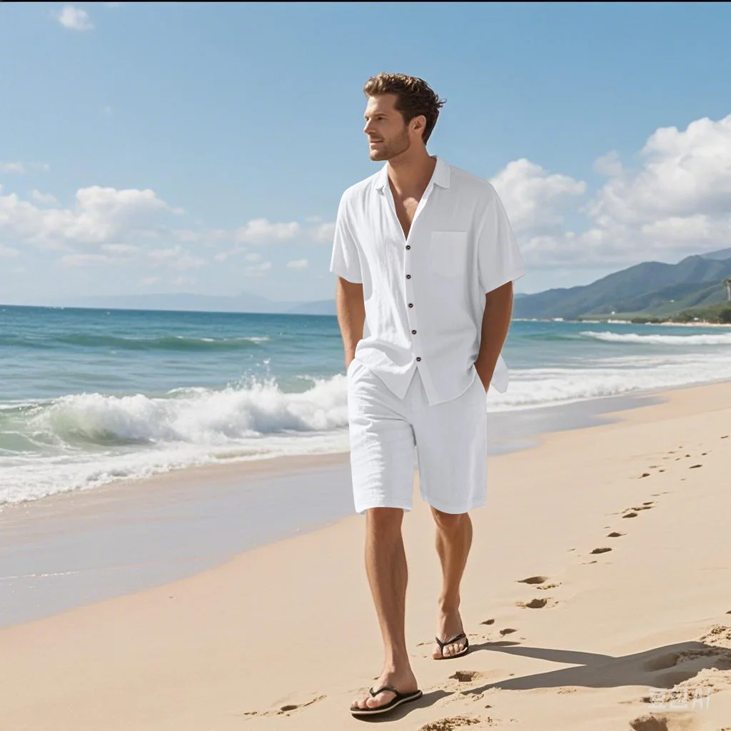 Summer men's solid-color linen beach suit, lapel button short-sleeved shirt paired with drawstring shorts, casual 2-piece set