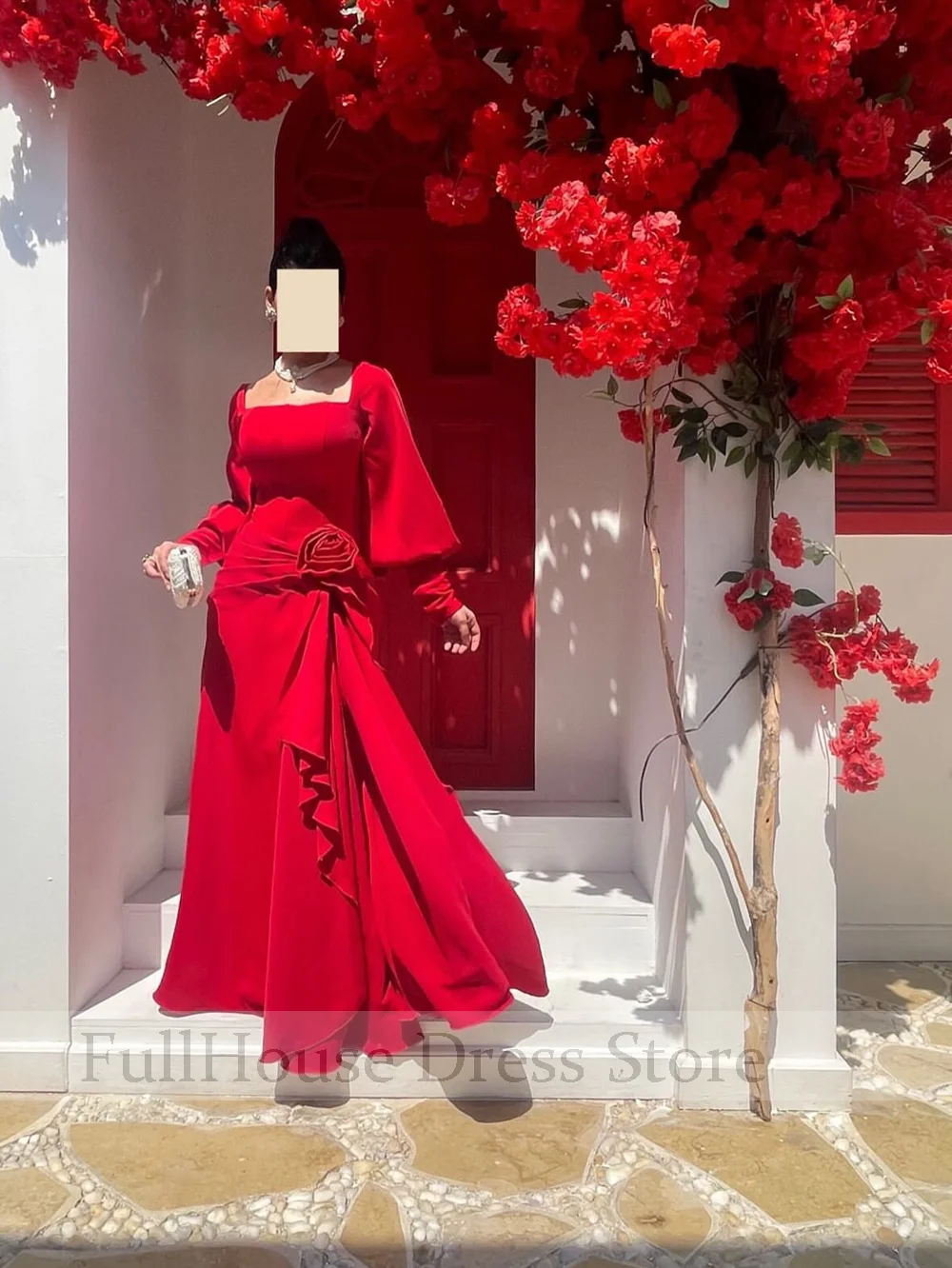 Ocasión a medida Vestido de noche de manga larga abombada con cuello cuadrado rojo Vestido saudí hasta el suelo sin espalda con flores hechas a mano