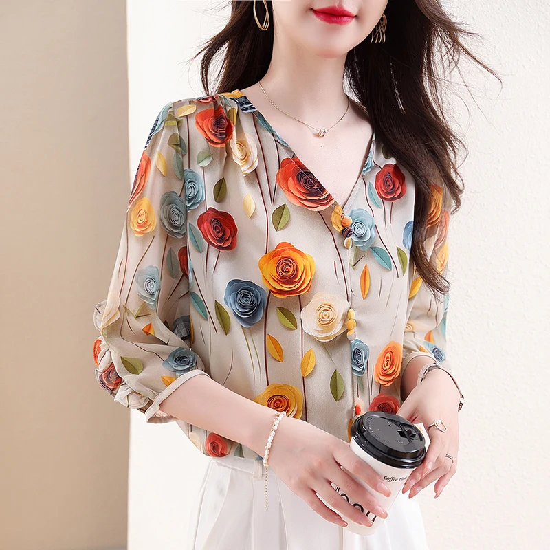 New Fashion Beautiful 3D Floral Printed Shirts Summer 3/4 Sleeve Women Streetwear Silk Blouses Loose Casual Ladies Pullovers Top