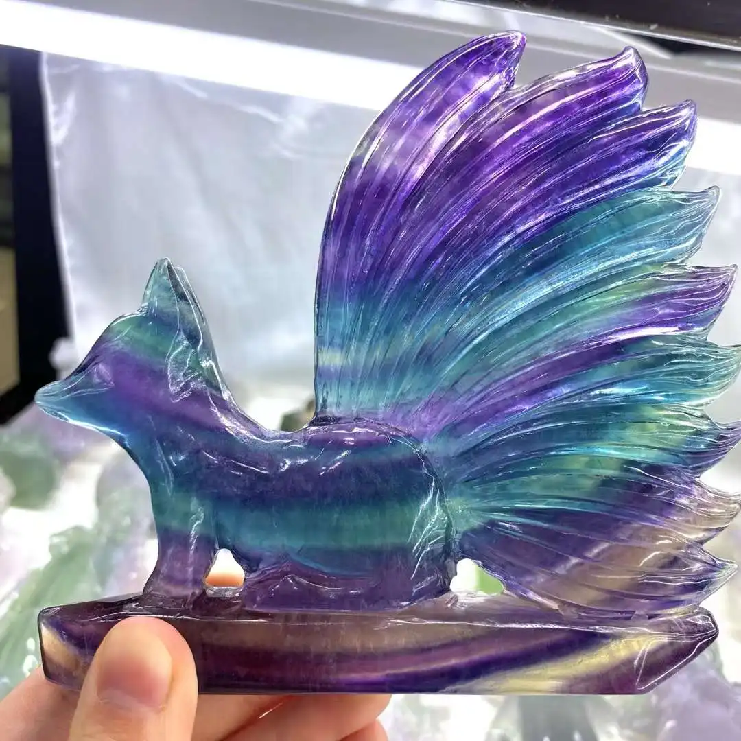 12CM Large Size Blue Purple Fluorite Nine-Tailed Fox Fairy Reiki Animal Figurines Natural Stone Product Crystals New Arrival