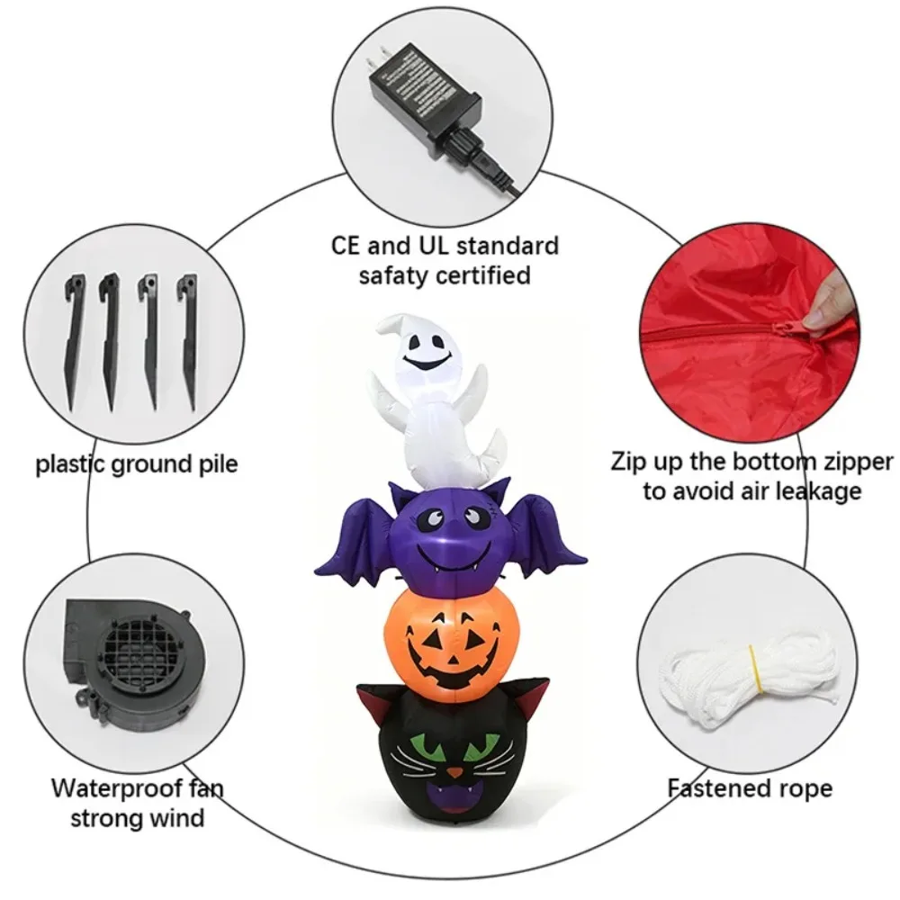 1.8-Meter Inflatable Halloween Ghost, Bat, Black Cat, and Pumpkin Stack with LED Lights—Outdoor Garden Party Decor