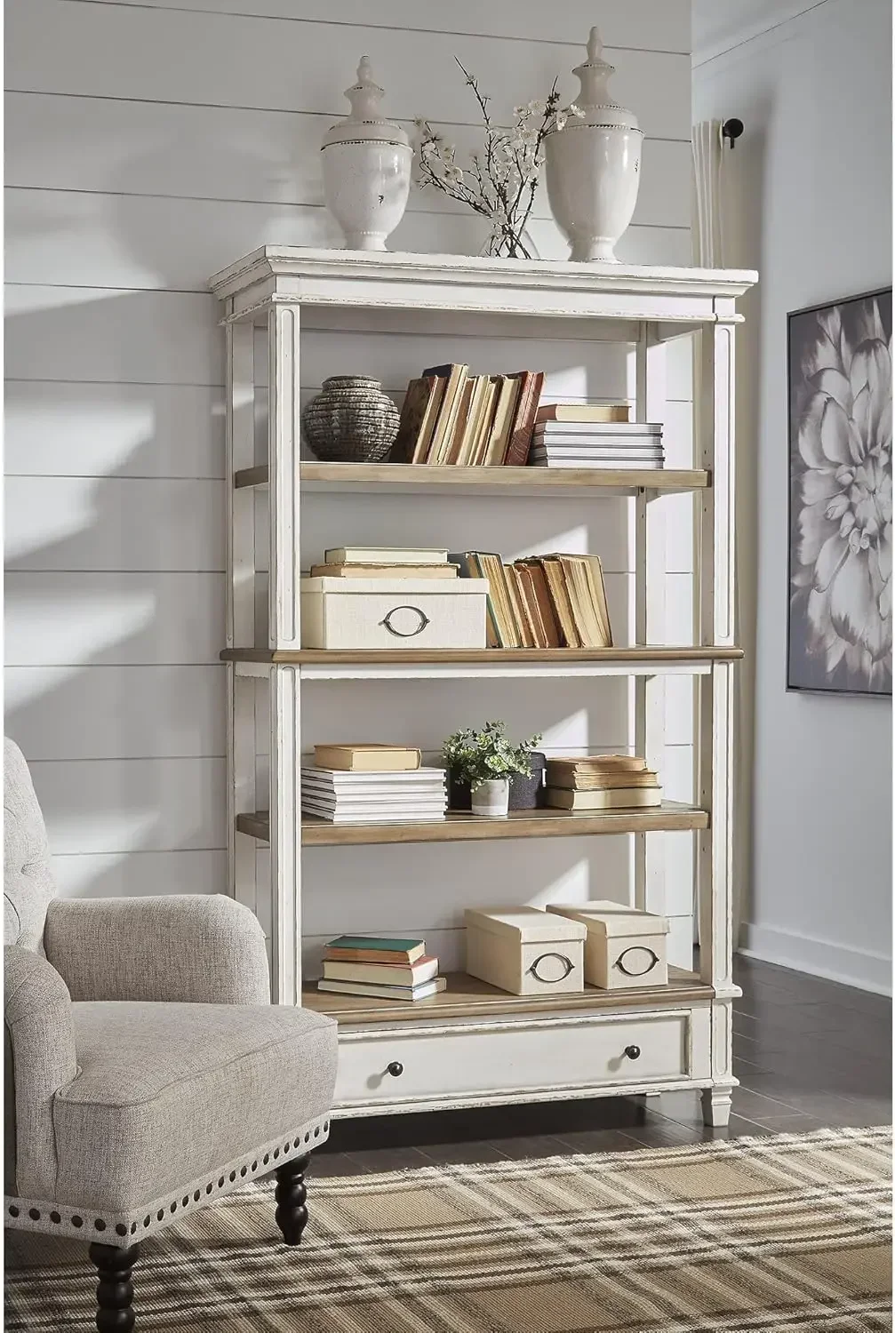 Realyn French Country 75" Bookcase with Drawer, Chipped White