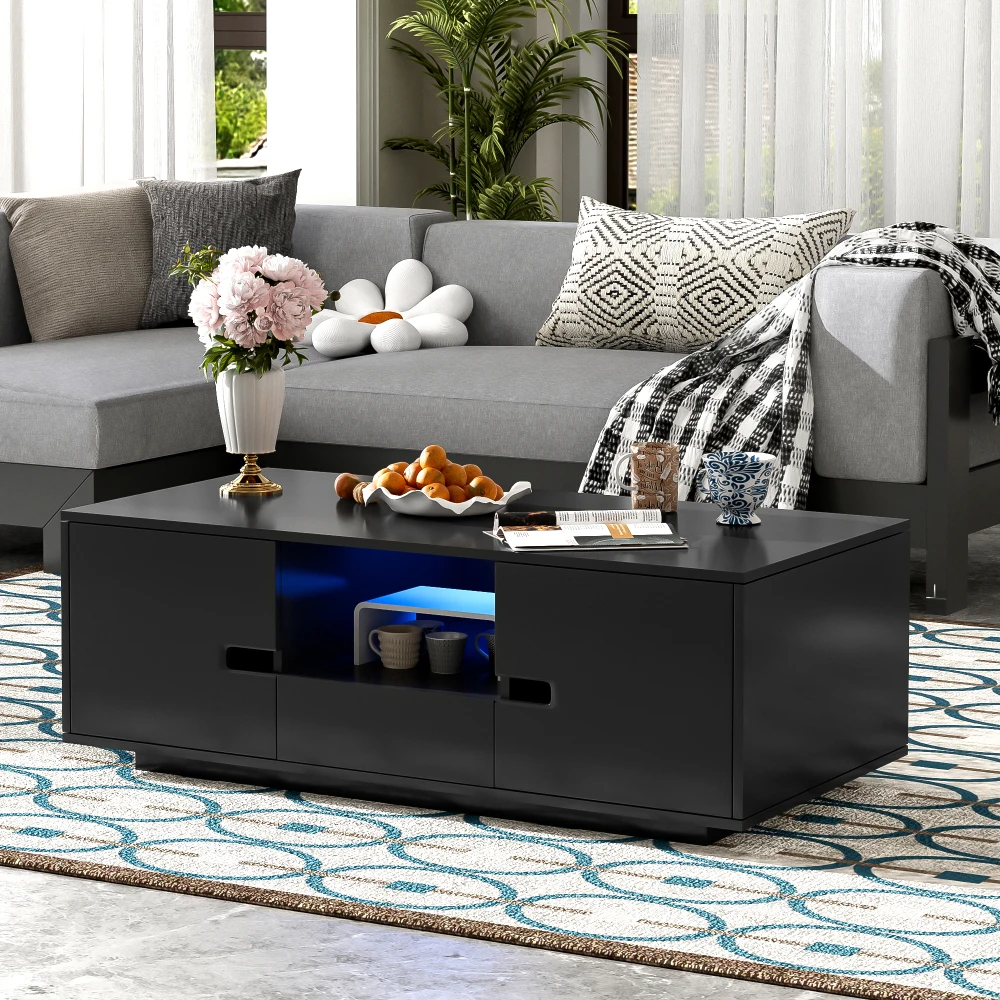 U-Can Modern High Glossy Rectangle Coffee Table Stylish Center Table with Storage Space Accent Furniture 16 Color LED Lights