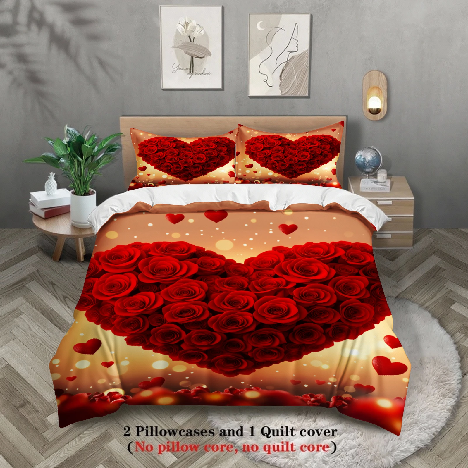 Valentine Rose Heart Duvet Cover Set Red Heart Rose Bedding Sets For Couples Bedroom Twin Queen King Size With 2 Pillowcases