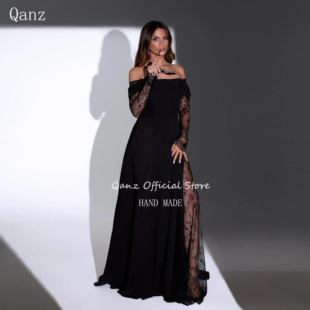 Qanz Vintage Black Evening Dresses Off Shoulder Lace Luxury Dress Birthday Long Sleeves A Line Party Dresses Women Customized