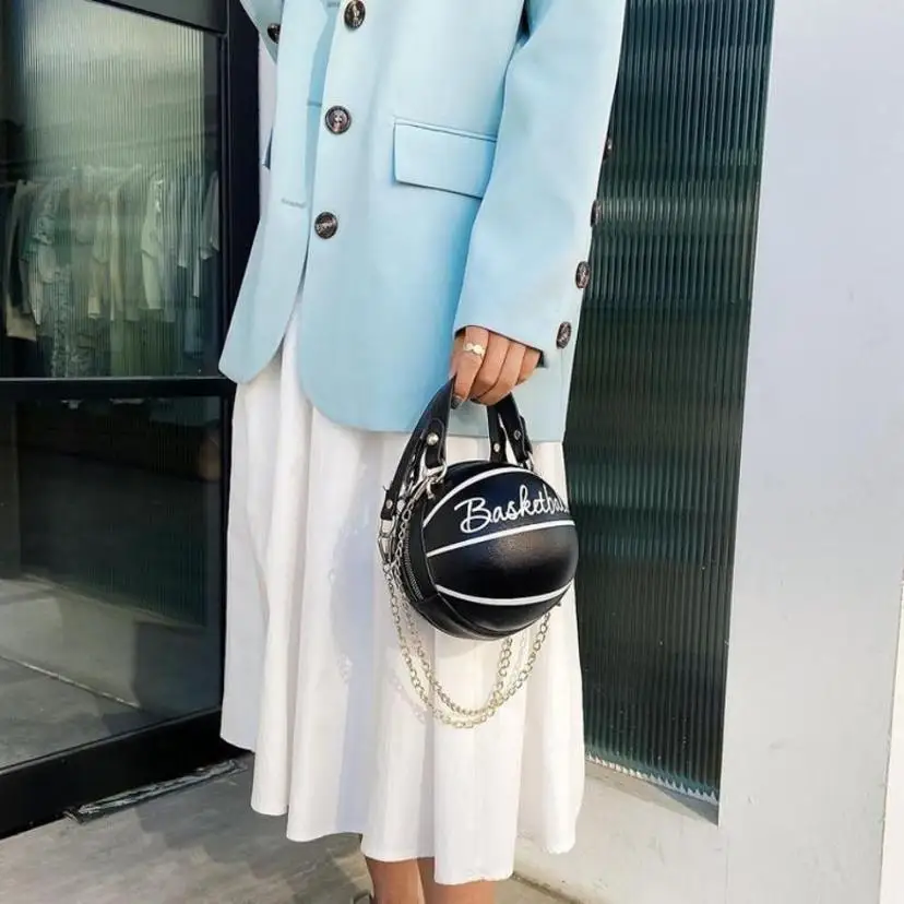 

Trendy Women Round Ball Crossbody Bag Fashion Chain Decor Basketball Shaped Shoulder Bag Versatile Casual Daily Wear Handbag