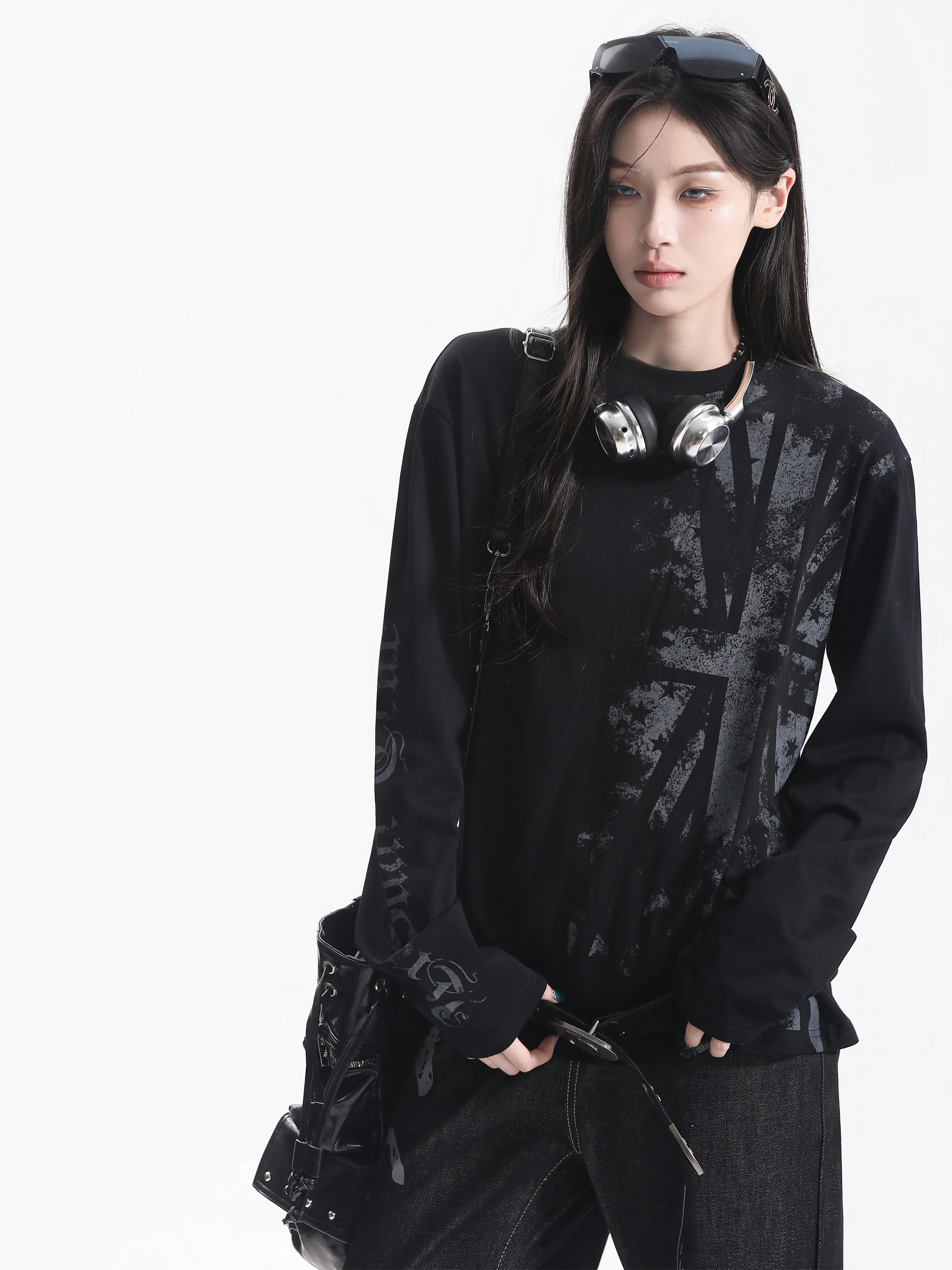 Retro American Light Vintage Long Sleeve T-Shirt Gradient Printing Outworn Style Cultural Shoulder Shape Casual Cotton Top