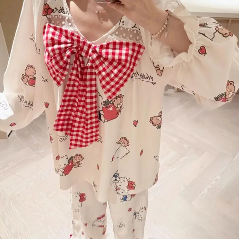 بيجامة سانريو بيجامات هالو كيتي للسيدات للربيع والخريف جديدة من الحرير الجليدي بأكمام طويلة طقم ملابس منزلية للطلاب للصيف