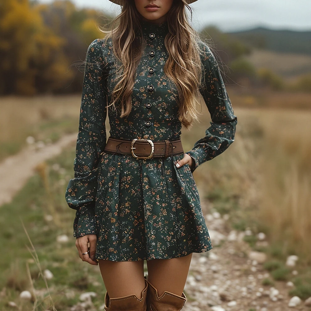 Autumn Women's Mid-Length A-Line Dress with Straight Sleeves and Round Neckline European Style Body-Fitting Dress