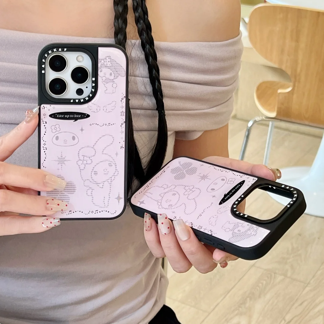 Coque de téléphone de luxe rose mignonne My Melody pour iPhone 13 14 15 16 Pro Max bordure noire époxy goutte à goutte adhésif couverture arrière en Silicone ﻿ ﻿