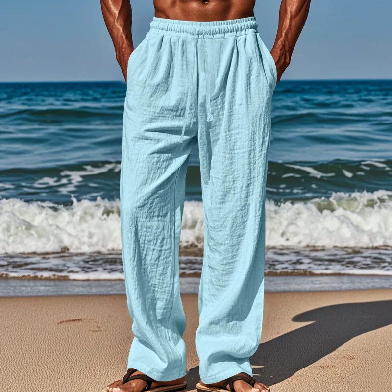 

2024 Summer Mens Cotton Linen Pants Loose Casual baggy Beach Straight pants Solid Color Fashion pantalones hombre