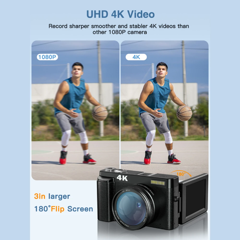 4K Digital Camera for Photography and Video Autofocus Anti-Shake, 48MP Vlogging Camera with SD Card, 3'' 180° Flip Screen