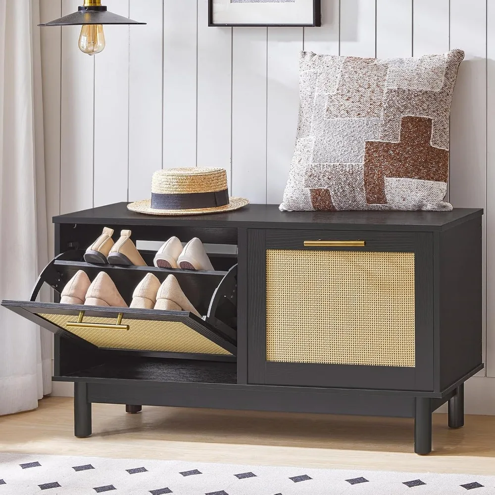 

Rattan-Like Shoe Bench, Entryway Bench with Storage, Shoe Rack Bench, 2 Flip Drawers, Shoe Cabinet, Wooden Solid Legs, for Entr