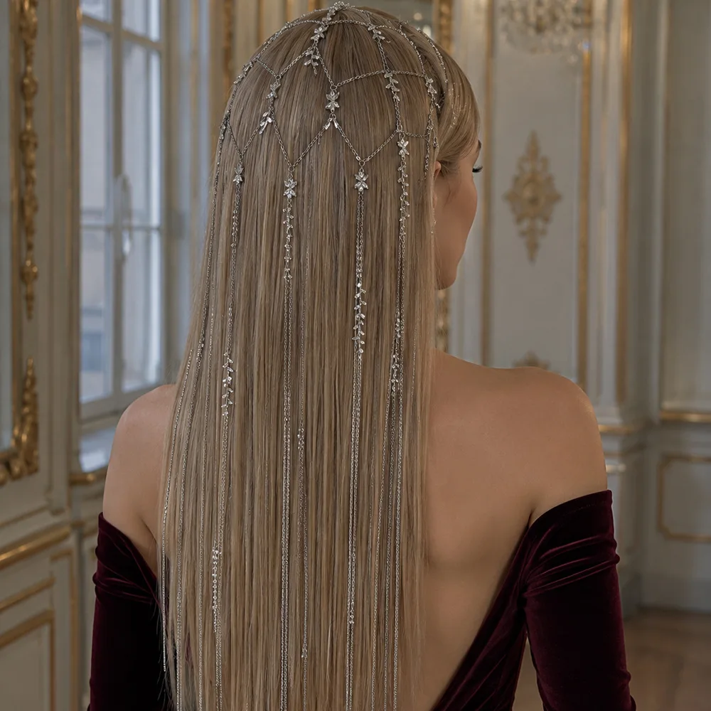 Fashion Exotic Leaf Tassel Headband Chain Wedding for Women Head Accessories Luxury Bridal Imitation Pearl Hair Chain