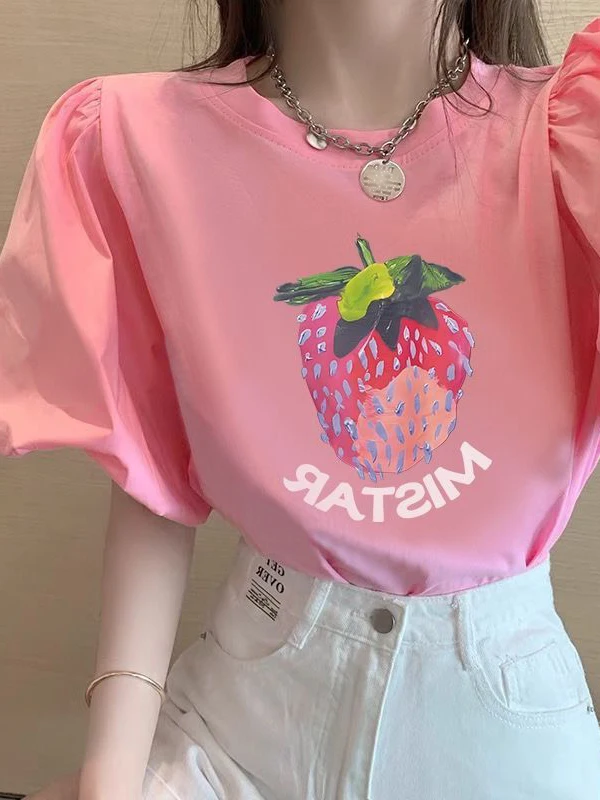 

Loose Bubble Sve T-irt Korean Sle ort Sve Printed Casual Top for Summer Women's Faion Breathable Sweat Absorbent