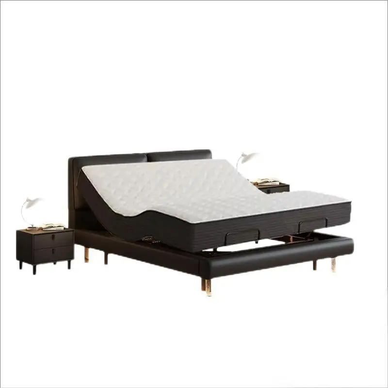 Intelligent electric function bed Italian minimalist suspension Internet celebrity first layer cowhide black leather double bed