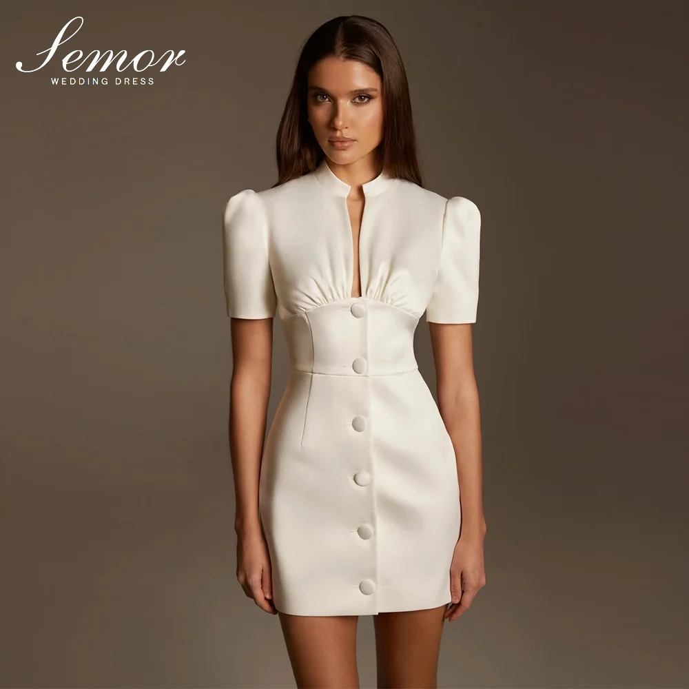 Semor Elegante kurze Hochzeitskleider mit kurzen Puffärmeln 2026 Einfaches Mini-Brautkleid Maßgeschneidertes Hochzeitsgastkleid