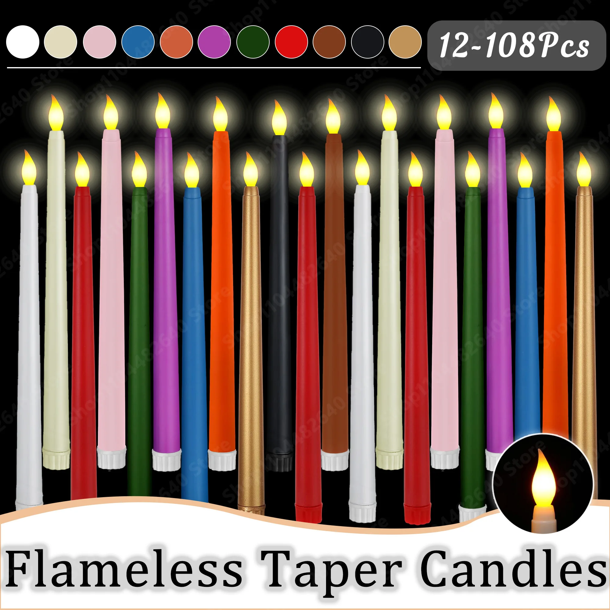 12-108Pcs Wedding Taper Candles LED Flameless Candles Electric Flickering Candle Dinner Candles for Christmas Halloween Decor