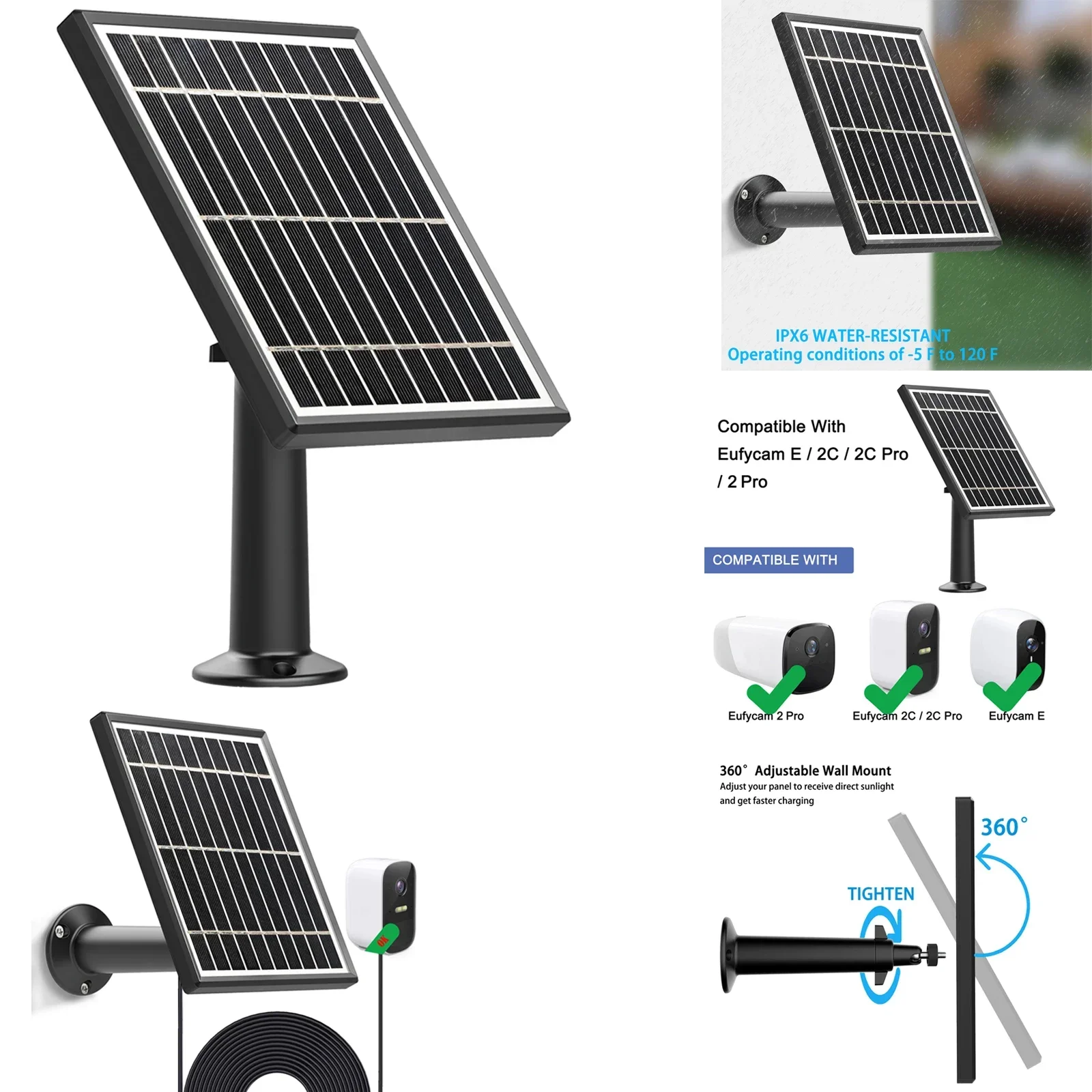 3.5w Solar Panel for eufyCam 2C/2C Pro/E/2 Pro/SoloCam E20 E40 Wall Mount 13ft Power Cable