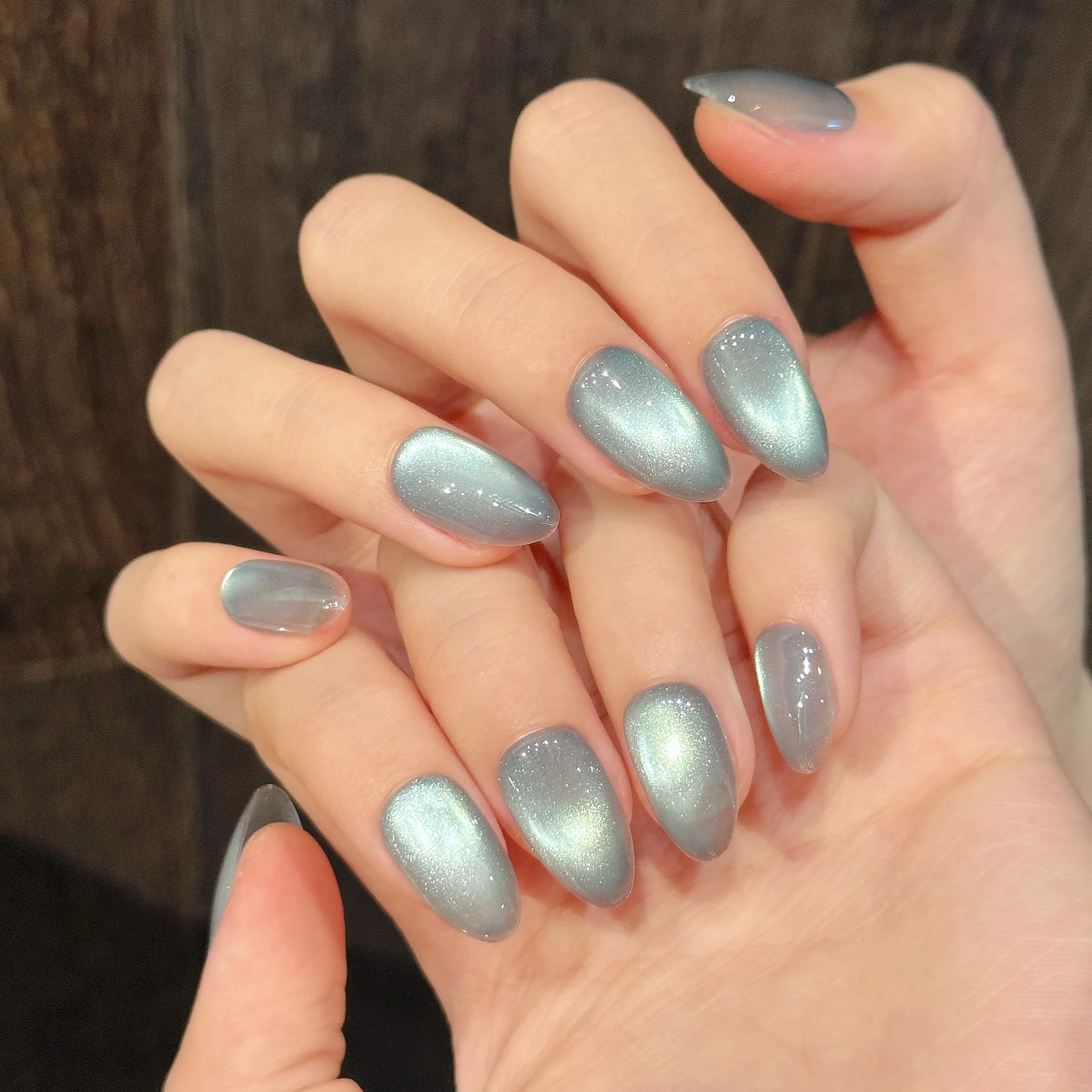 

10pcs Glass Beads Mint Green Cat Eyes Press on Nails Almond Manicure Wearable Nail for Women and Girls False Nail