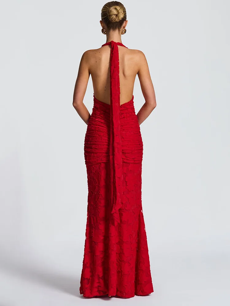 Apprabant Deep V-Neck Patchwork Evening Maxi Dress Women's Halter Tie Tank Sexy Backless Ruched Ribbon Long Dress Partywear