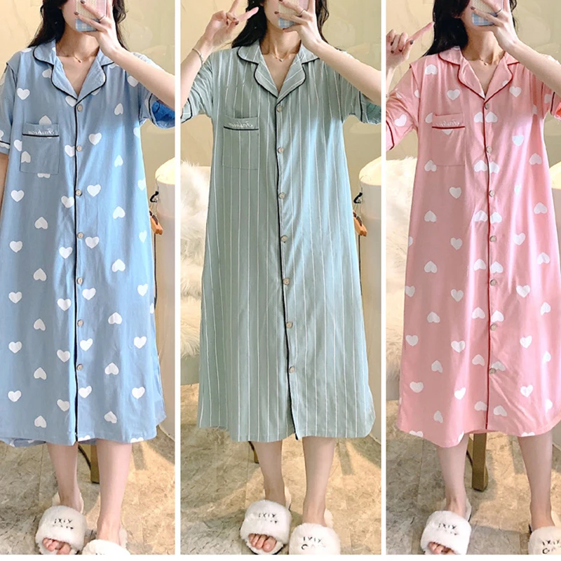 Cotton Cardigan Nursing Sleepwear Short Sleeve Striped Maternity Dresses Breastfeeding Pajamas Womens Loungewear Maternity Gowns