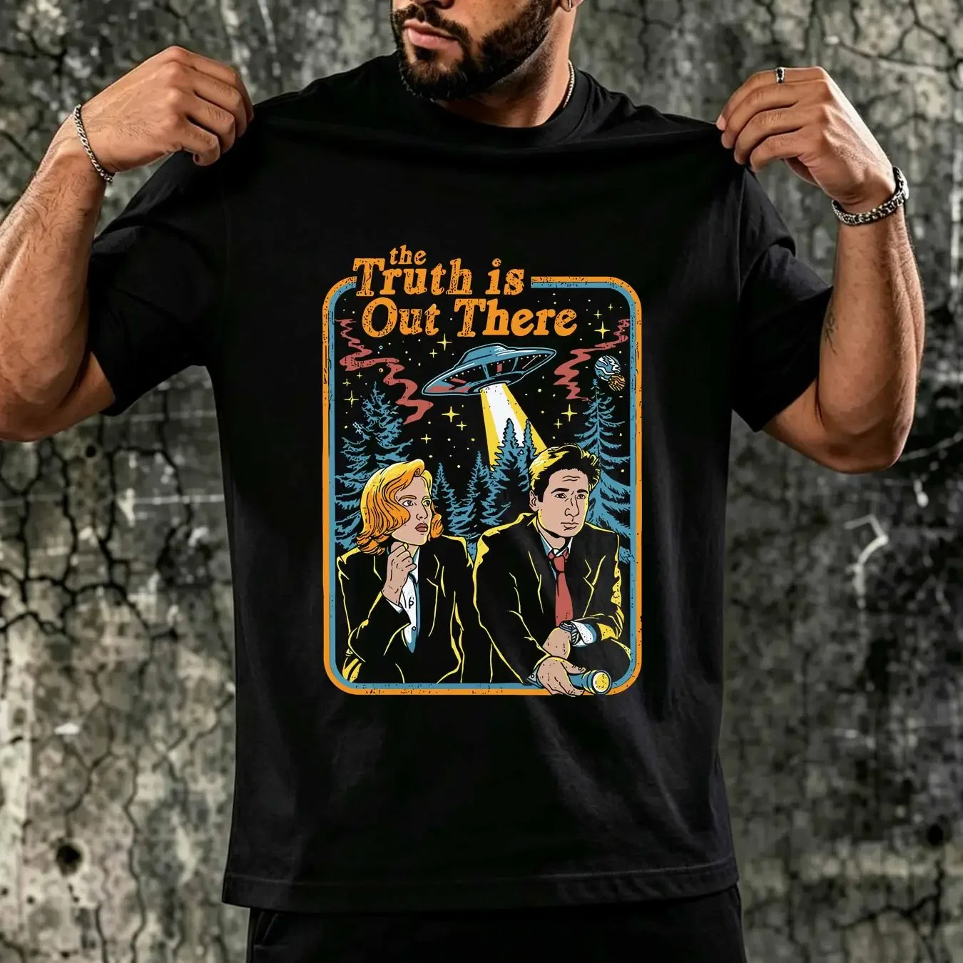 washed T Shirt The Truth Is Out There X FILES Fan s Movie Vintage Mulder And Scully vintage Washed streetwear Casual Stretched