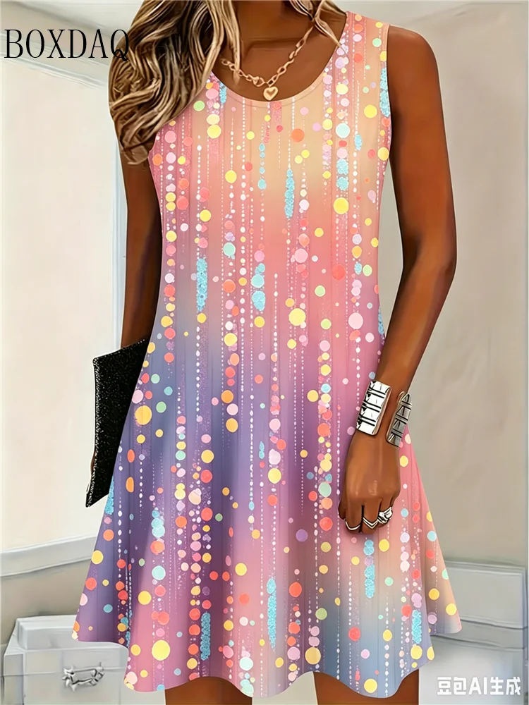 2026 Summer New Polka Dot Pattern Sleeveless Dress Fashion Women's Tie Dye Print Party Dresses Casual Tank Loose Plus Size Dress