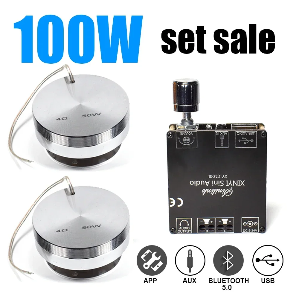 1 Set 2*50w 4ohm Portable Vibration Speaker Stereo Audio DIY HIFI System Home Theater Bass 100W Bluetooth 5.0 Class D Amplifier