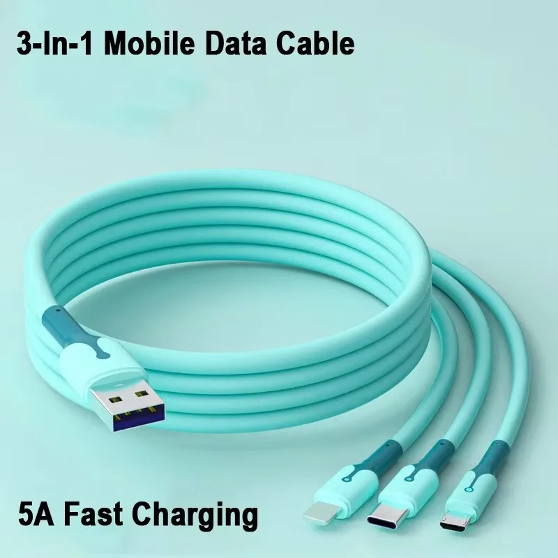 5A Liquid Silicone 3-in-1 USB To Type C Data Cable USB C Fast Charging Data Cords For iPhone Samsung Xiaomi Huawei PD Phone Wire