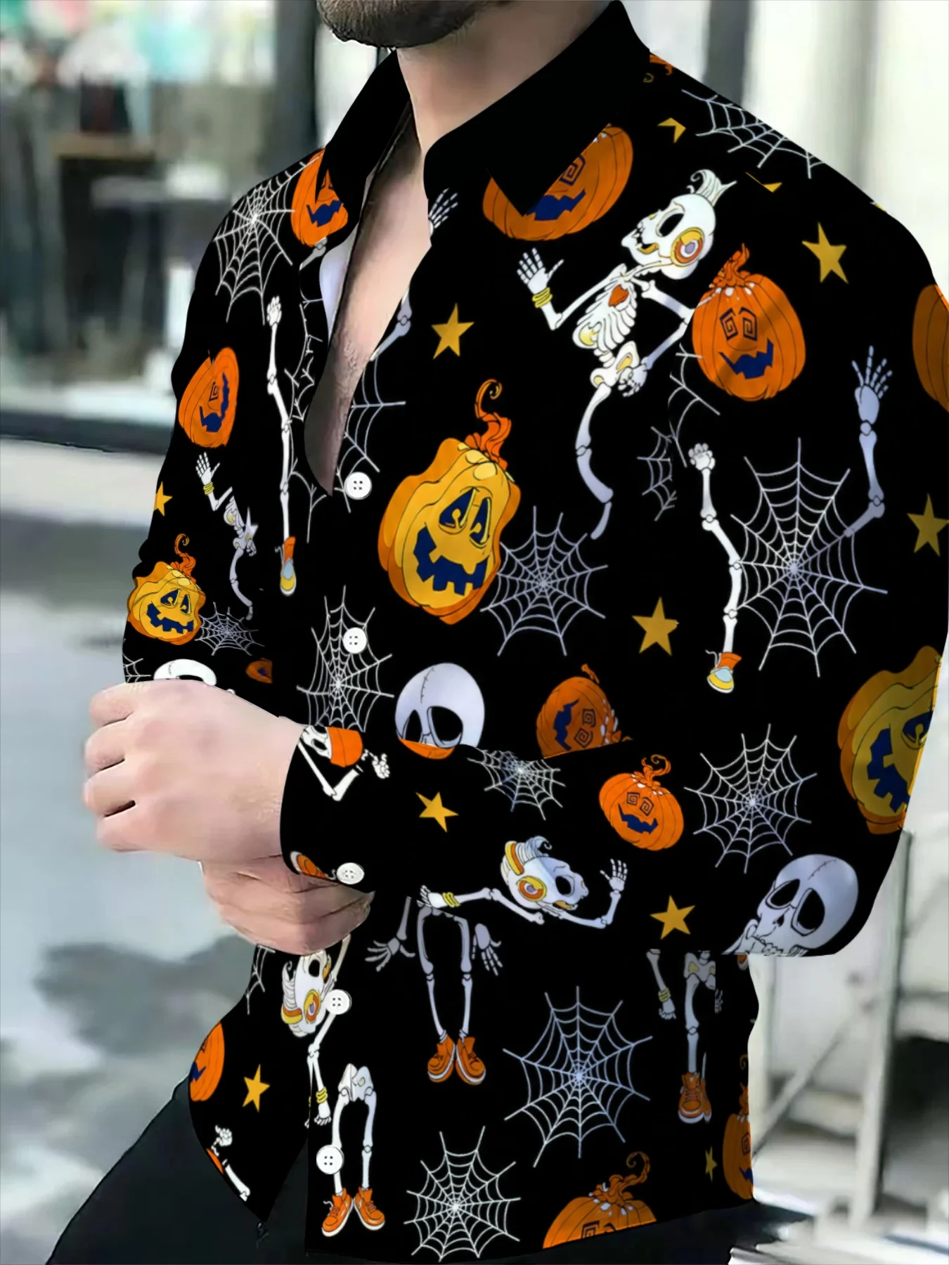 Men Long Sleeve Button Down Shirt Black Dancing Skeleton Pumpkin Spider Web Print Polyester Lapel Collar Halloween Party