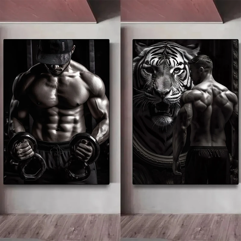 Fitness-Motivations-Poster Muskelmann mit Tiger Bodybuilding Fitness Kunstposter Leinwanddruck Wandbild für Heim-Fitnessraum-Dekoration