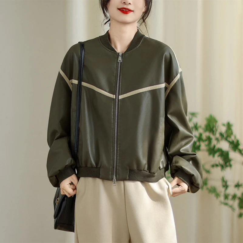 Masss Wasss Vintage losse kunstleren jassen Dames Koreaanse klassieke patchwork Pu-jassen Dames lentemode Causale bovenkleding