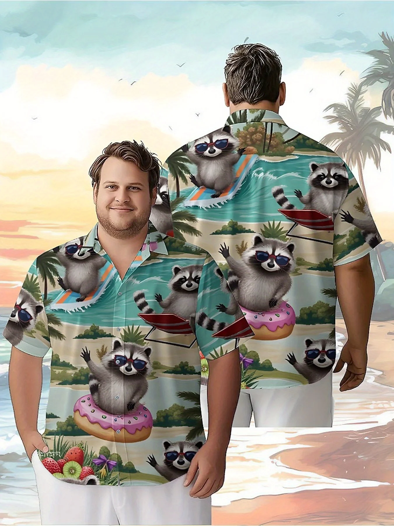 

Men's Plus Size Hawaiian Shirts Raccoon Pattern, Summer Casual Tops, Suitable for Outdoor and Party, Streetwear